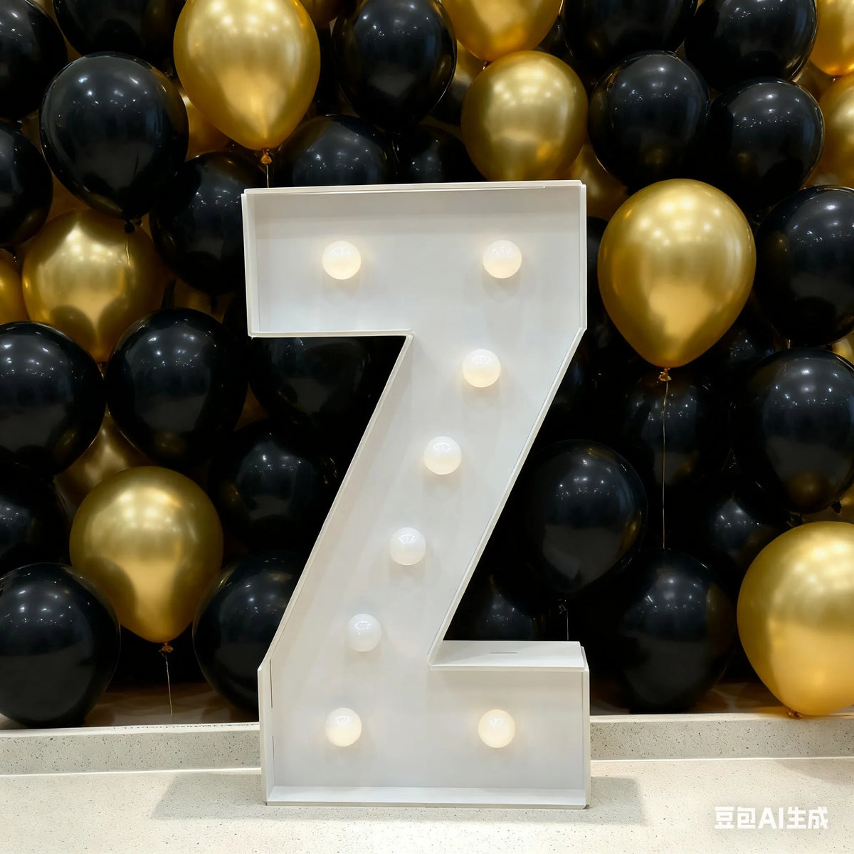 A large marquee light-up letter Z made of white acrylic is displayed in front of a backdrop of gold and black balloons.