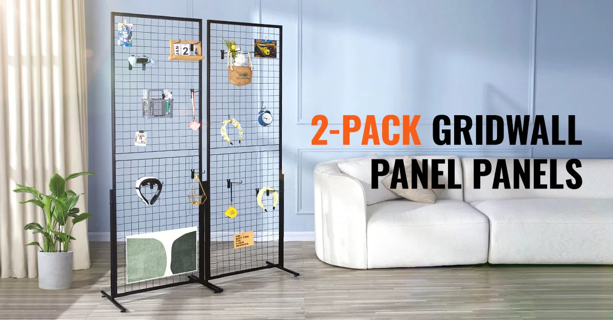 A 2-pack of gridwall panel displays featuring various items in a modern living room setting.