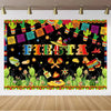 A vibrant Mexican carnival theme backdrop banner featuring colorful cacti and festive decorations.