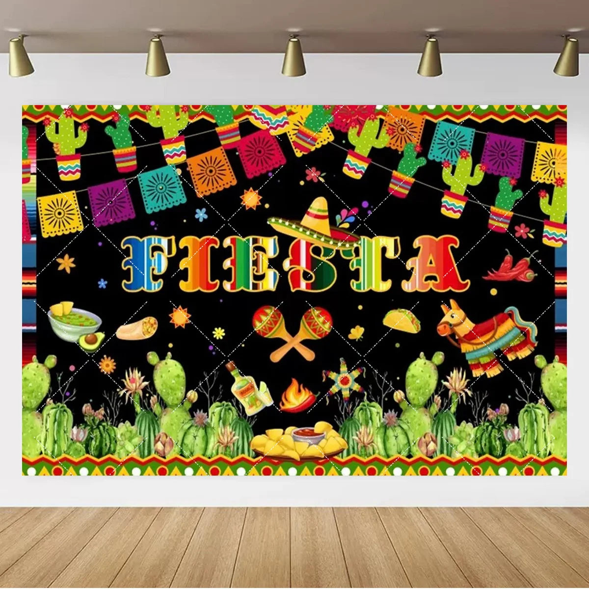 A vibrant Mexican carnival theme backdrop banner featuring colorful cacti and festive decorations.