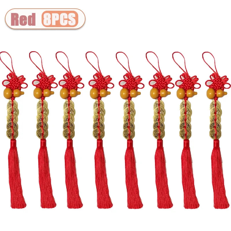 Eight red traditional Chinese knot pendants featuring wooden gourds and copper coins.