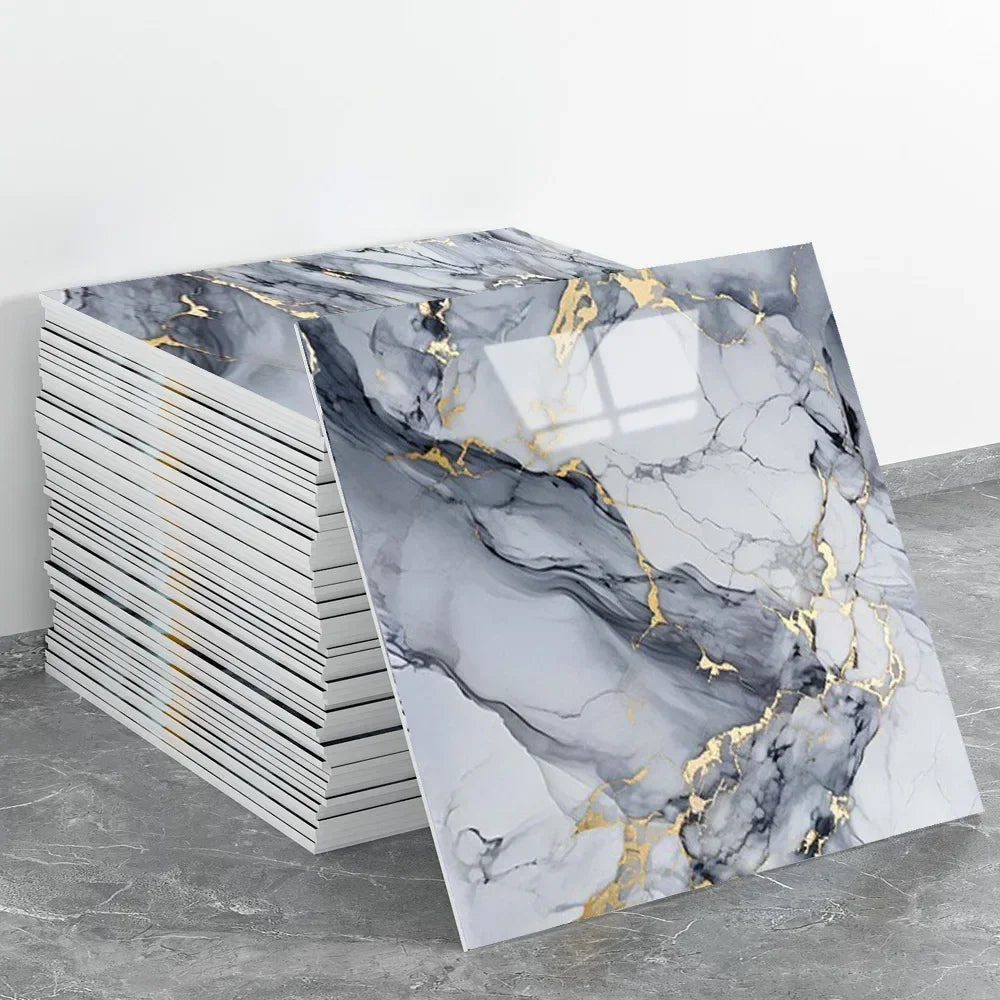 Marble peel-and-stick wall panels featuring gray and black marble with gold veining