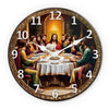 A vintage wooden wall clock face depicting the Last Supper with twelve figures around a table.