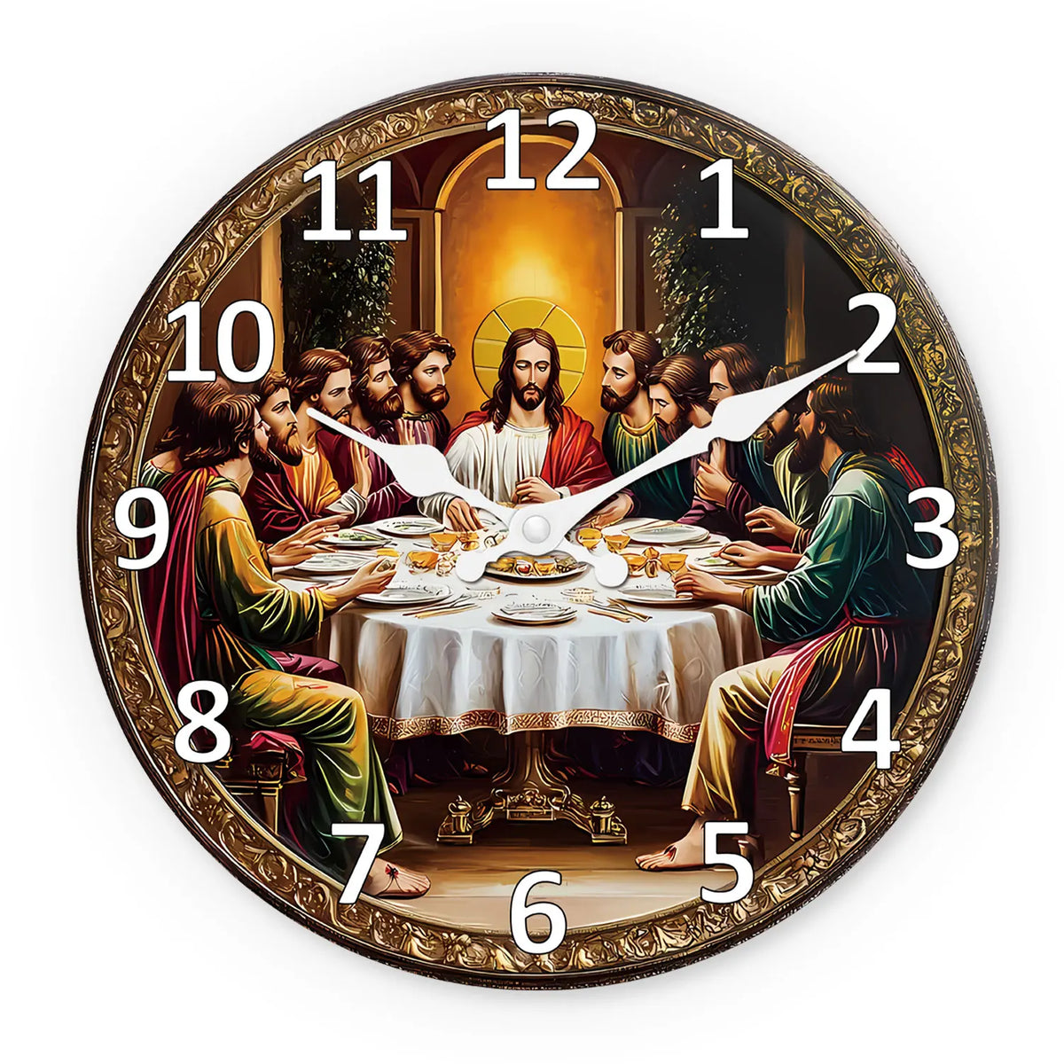 A vintage wooden wall clock face depicting the Last Supper with twelve figures around a table.