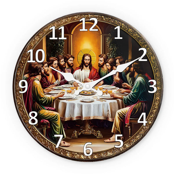 A vintage wooden wall clock face depicting the Last Supper with twelve figures around a table.