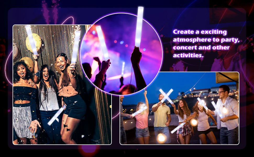 Group of people celebrating with glowing LED foam glow sticks in a party atmosphere