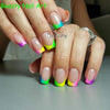 A hand displays a set of neon fluorescent pigment powders used for nail art, featuring various bright colors on fingernails.