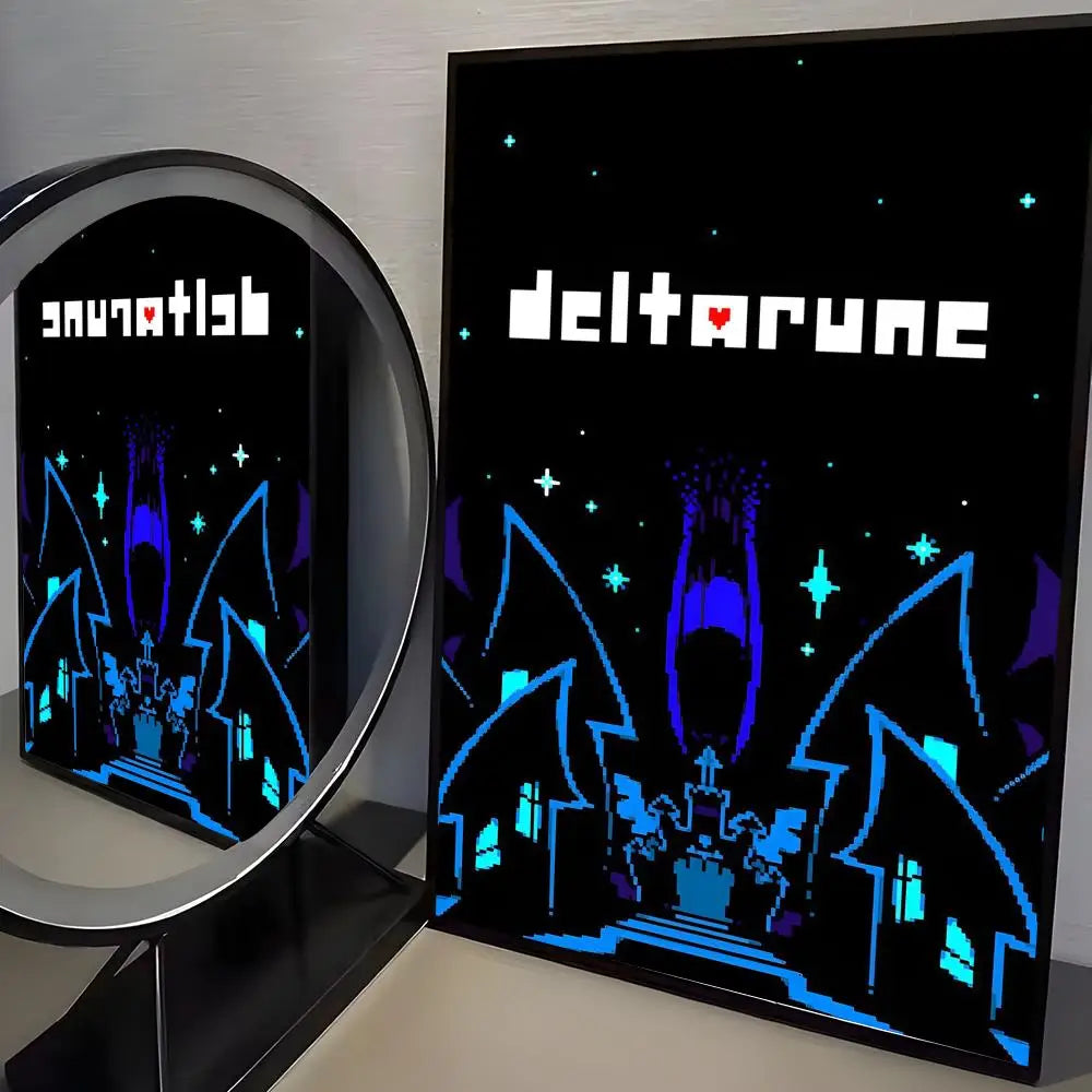A dark poster featuring Deltarune pixel art with glowing blue light and stars.