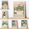 A collection of vintage tiger cat wall art posters featuring various feline subjects and floral designs.
