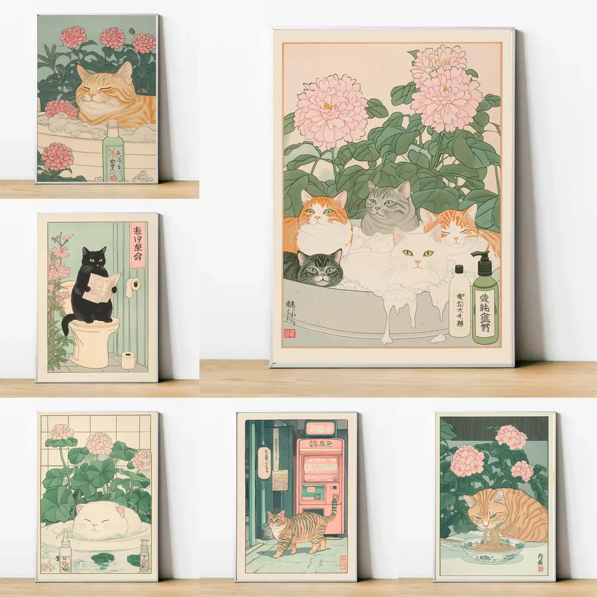A collection of vintage tiger cat wall art posters featuring various feline subjects and floral designs.