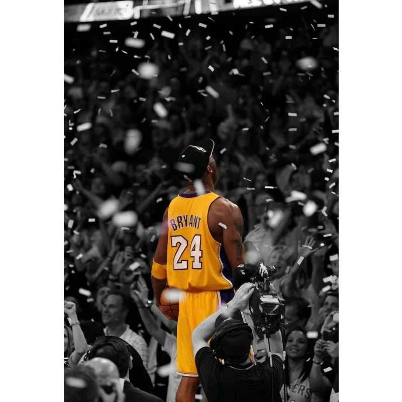 A basketball player in a yellow jersey is shown during a game, with confetti falling around him.