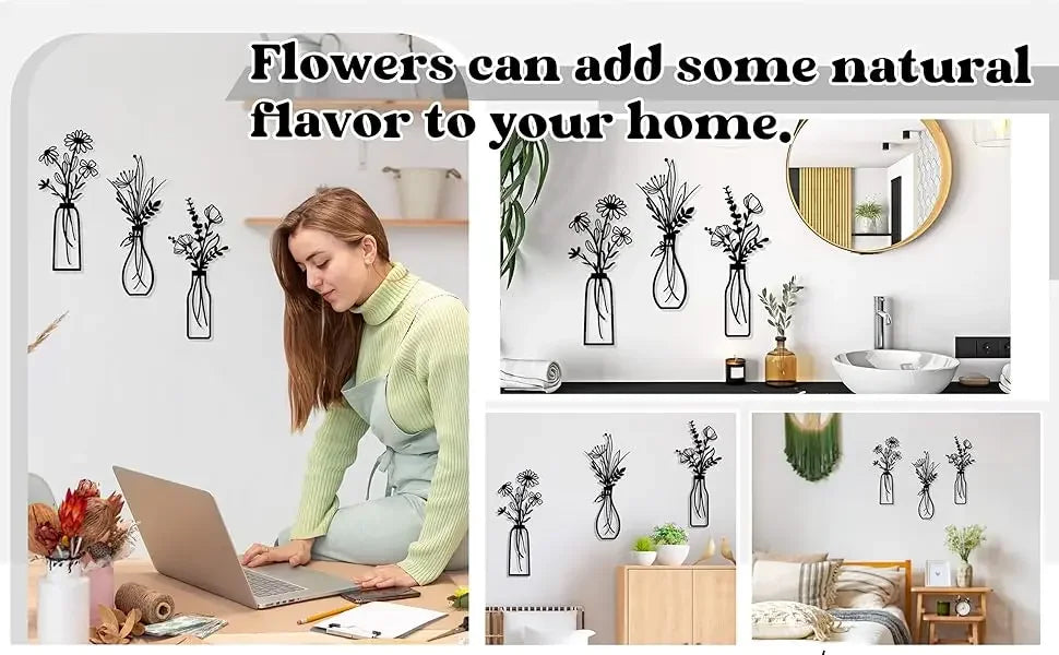 A woman is decorating a wall with three black metal flower arrangements, showcasing rustic metal flower wall art.