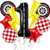 A set of nine foil balloons including a number one, lightning bolt, and checkered racing tire design for a birthday party.