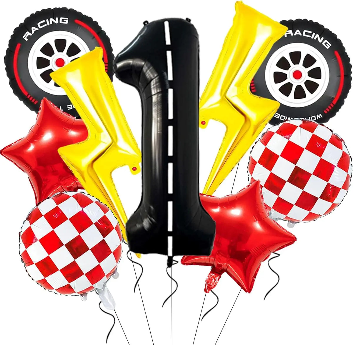 A set of nine foil balloons including a number one, lightning bolt, and checkered racing tire design for a birthday party.