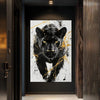 A canvas print featuring a black panther head with gold abstract splatter art against a white background.