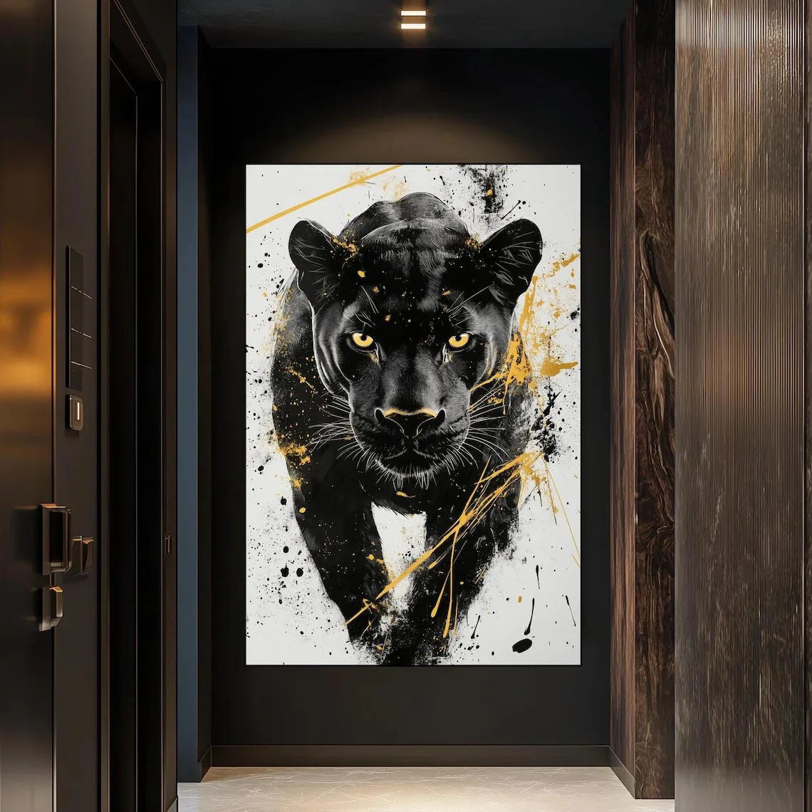 A canvas print featuring a black panther head with gold abstract splatter art against a white background.
