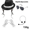 A set of sparkly sequin disco hat, tie, and gloves for kids displayed on a white background.