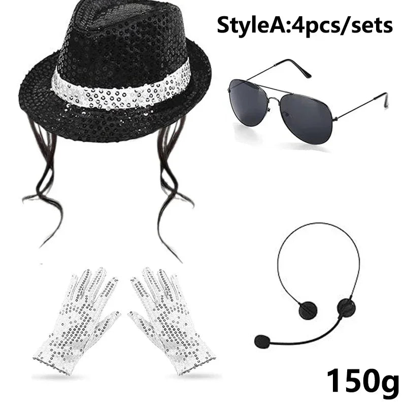 A set of sparkly sequin disco hat, tie, and gloves for kids displayed on a white background.