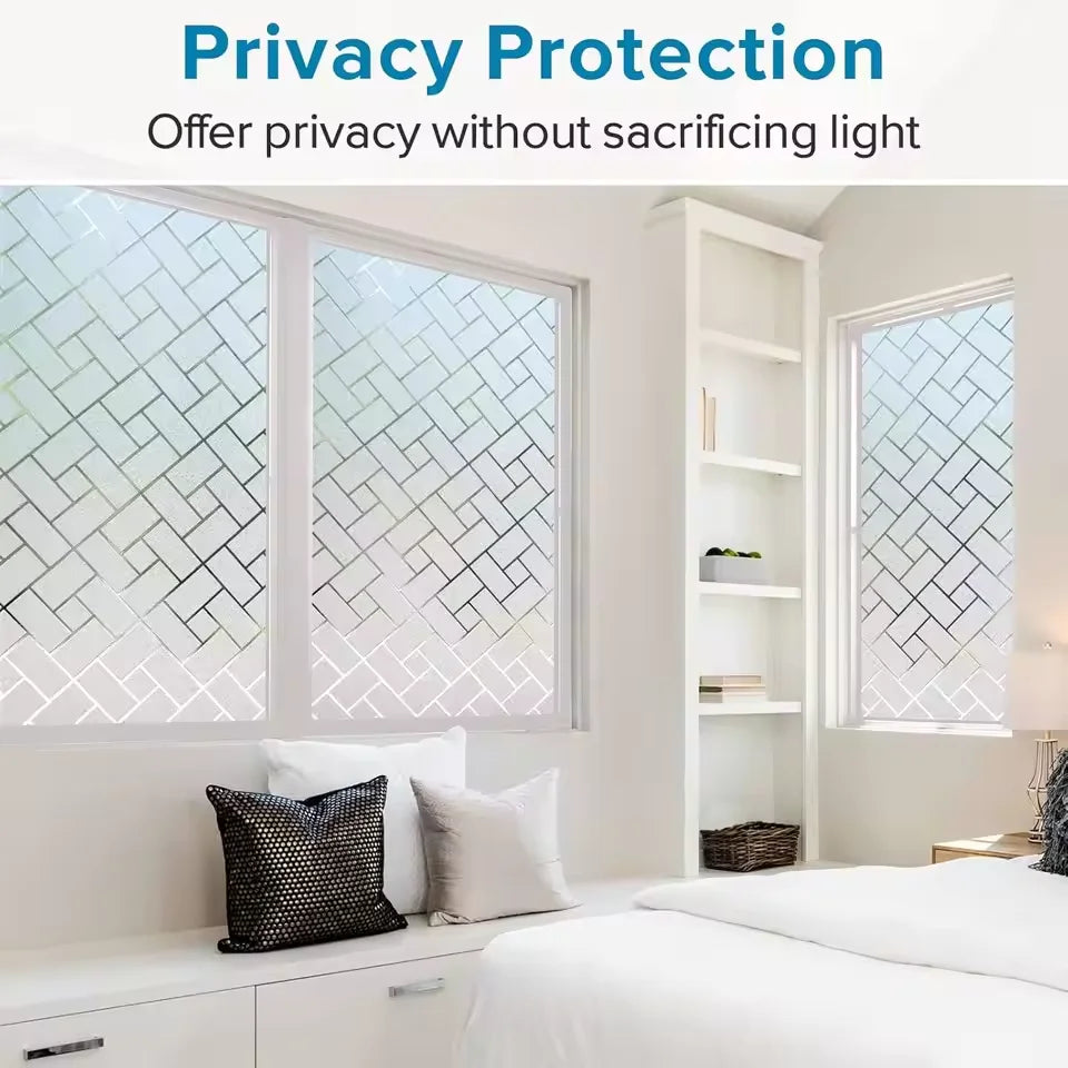 Frosted electrostatic window film installed on a window, providing privacy without sacrificing light.