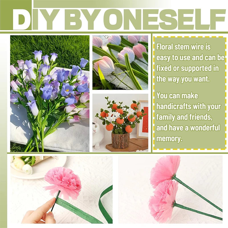 A hand holds a pink flower made from flexible green floral wire stems for DIY arrangements.