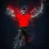 A dramatic, stylized portrait of Tiger Woods in a red shirt and dark pants, wielding a golf club against a dark background wi