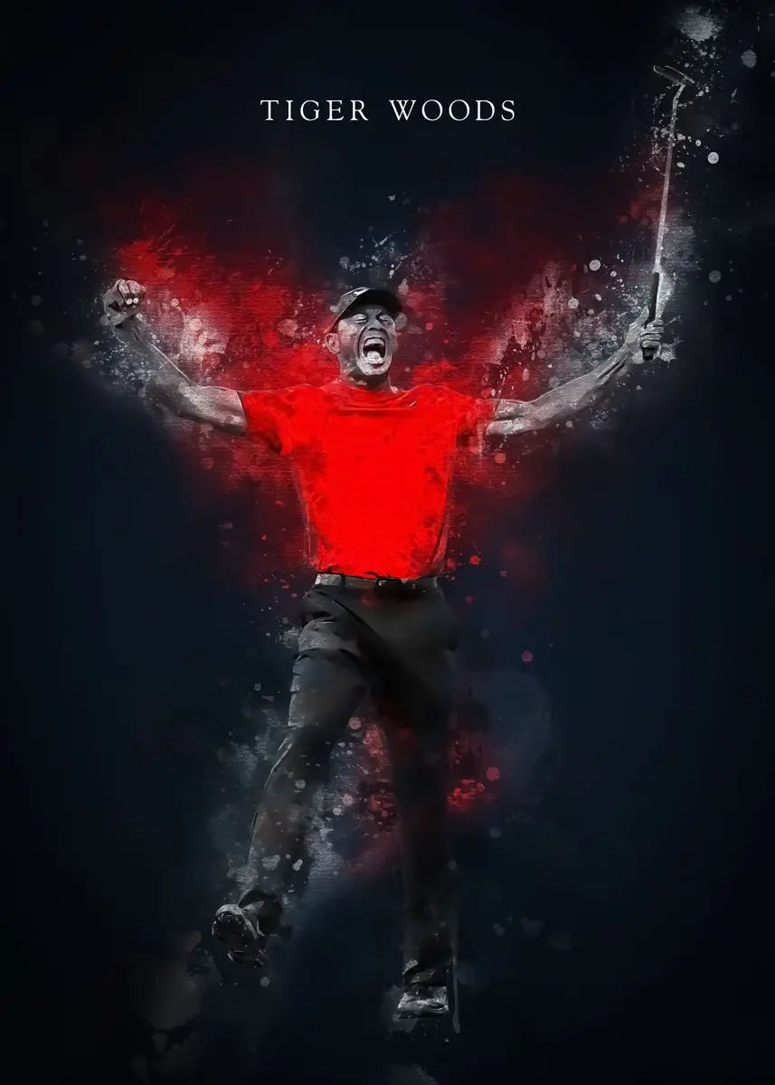 A dramatic, stylized portrait of Tiger Woods in a red shirt and dark pants, wielding a golf club against a dark background wi