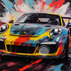 A vibrant oil painting style canvas art of a yellow sports car with blue accents, painted in dynamic splashes of red, orange,