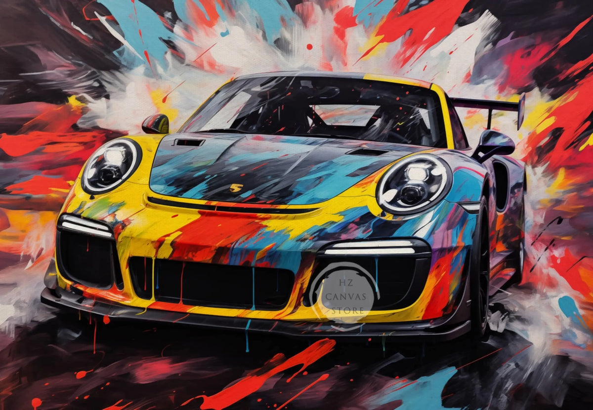 A vibrant oil painting style canvas art of a yellow sports car with blue accents, painted in dynamic splashes of red, orange,