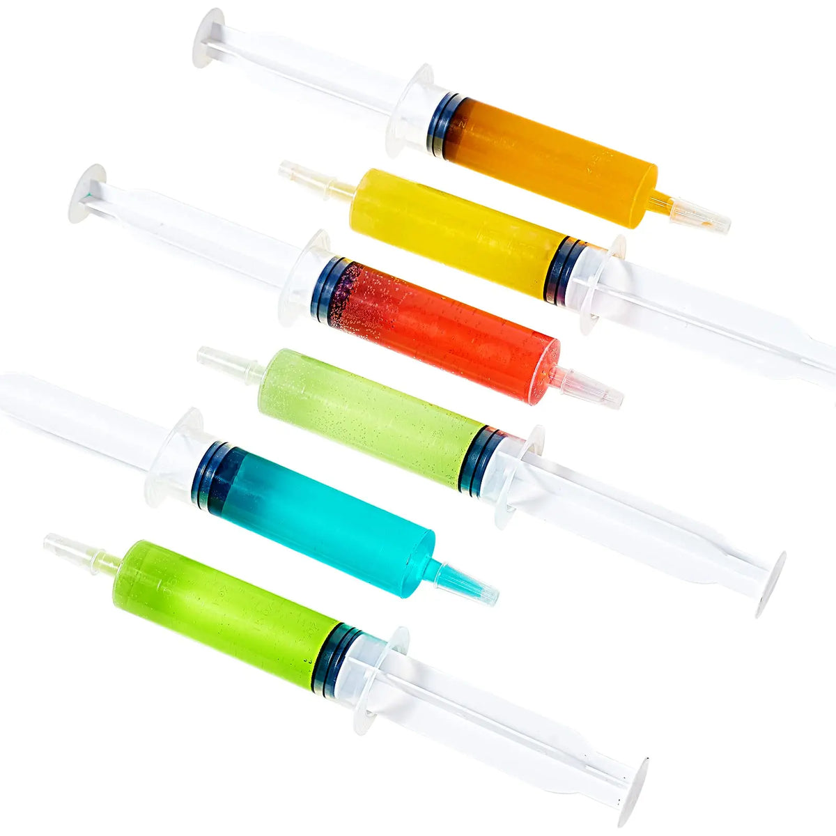 A collection of colorful party syringes with lids, including orange, yellow, red, and green.