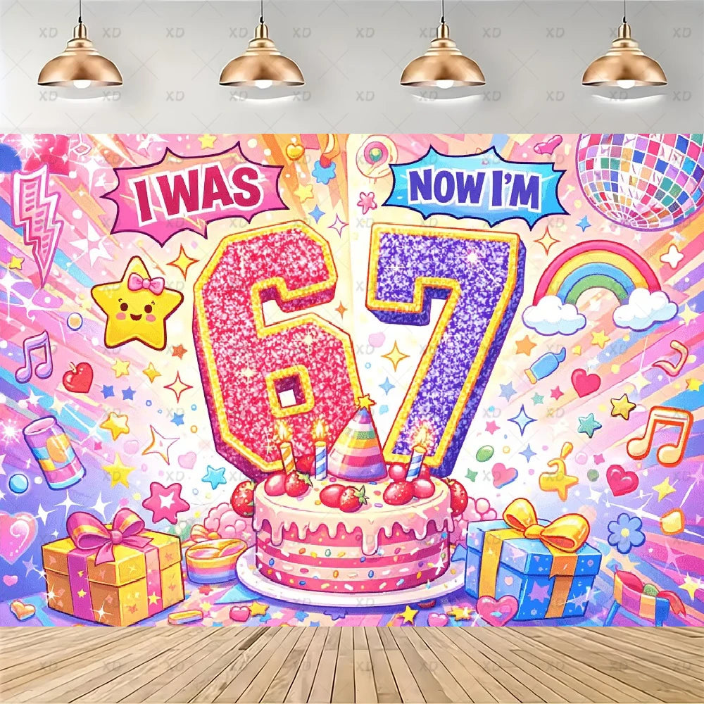 A colorful birthday cake decoration featuring the text I Was Six Now I Am Seven surrounded by confetti and bright colors.