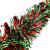 A close-up of a festive Christmas tinsel garland made of shiny red and green metallic strips.