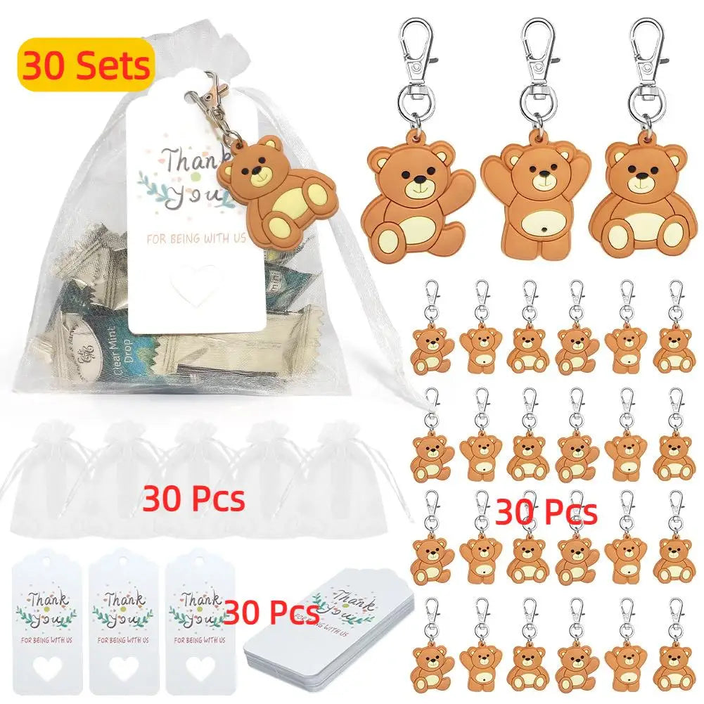 30 sets of cute bear keychain party favors with thank you tags and organza bags