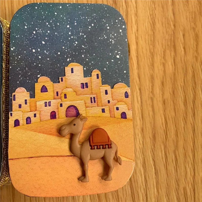 A hand-painted scene of a desert city under a starry night featuring a donkey in the foreground.