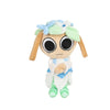 A soft stuffed animal plush toy resembling a character with light green hair and blue flowers.