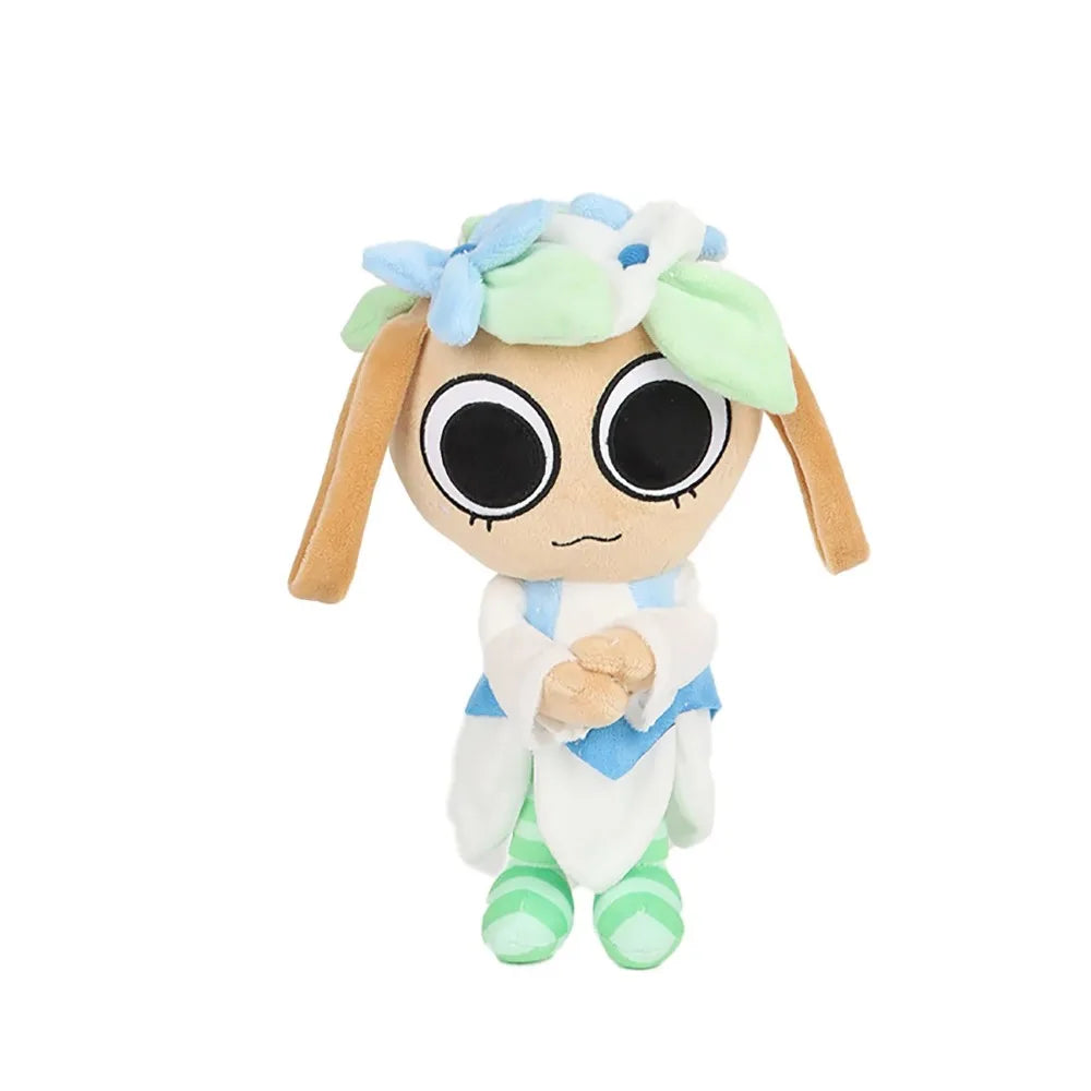 A soft stuffed animal plush toy resembling a character with light green hair and blue flowers.