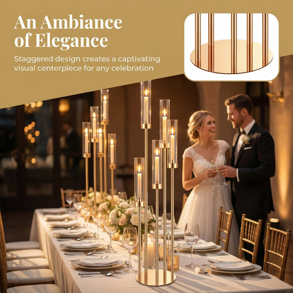 A close-up of a gold LED candle holder used for elegant table decor at an outdoor event.