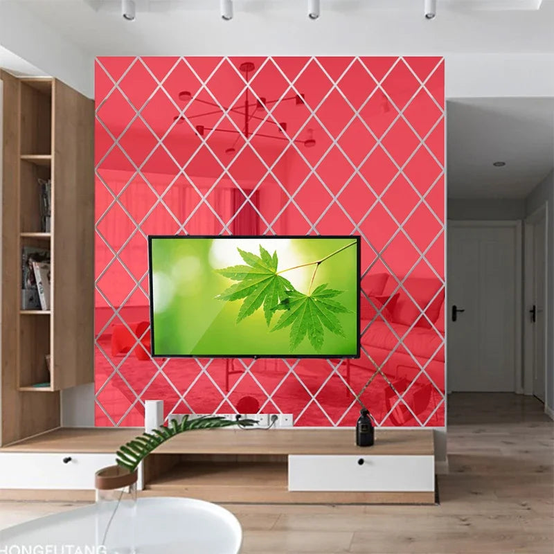 A modern living room featuring a red diamond patterned wall and a large flat-screen television.