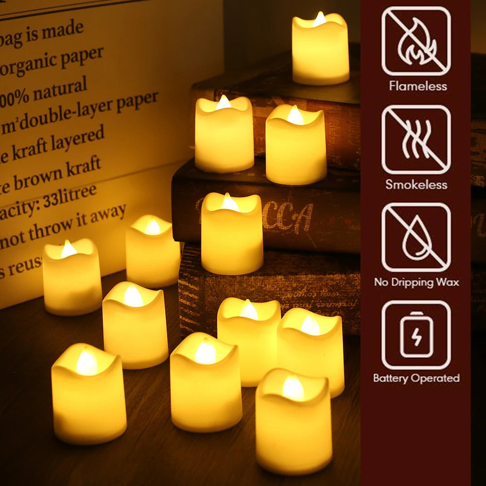 A collection of glowing yellow LED votive tea lights displayed on a wooden surface with safety icons.