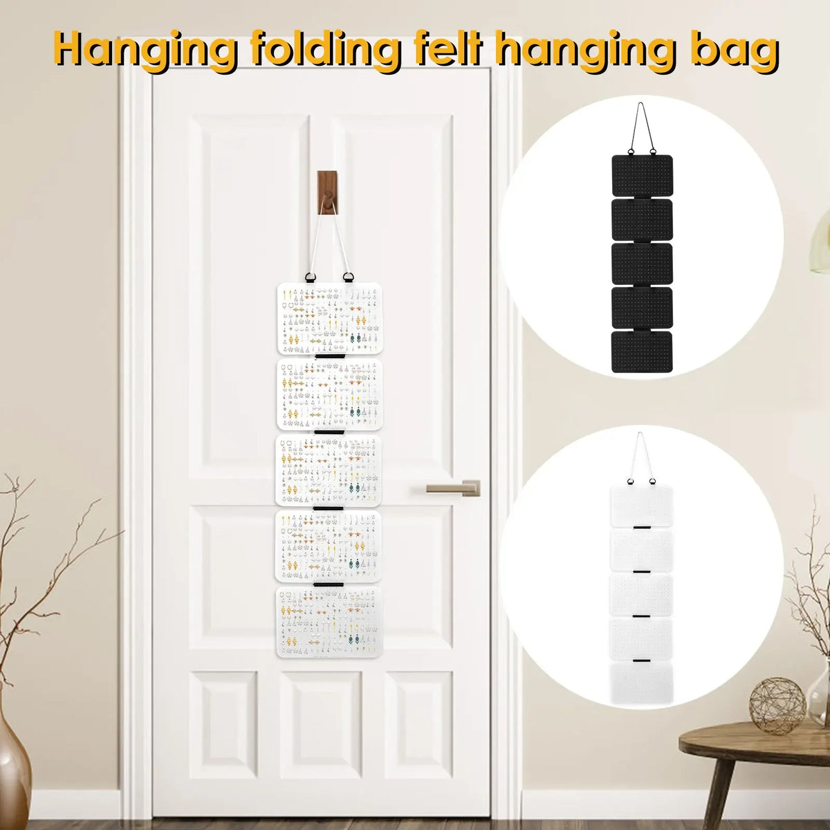 A hanging folding felt bag display featuring multiple lapel pin slots on a white background.