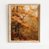 Oil painting of an autumn field landscape featuring golden and orange foliage in a distressed wooden frame.