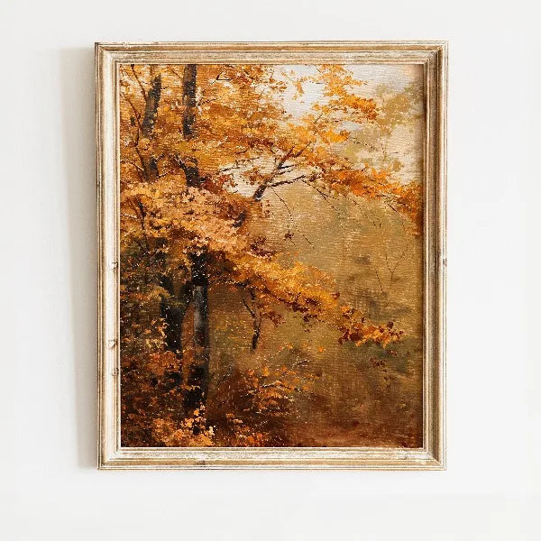 Oil painting of an autumn field landscape featuring golden and orange foliage in a distressed wooden frame.