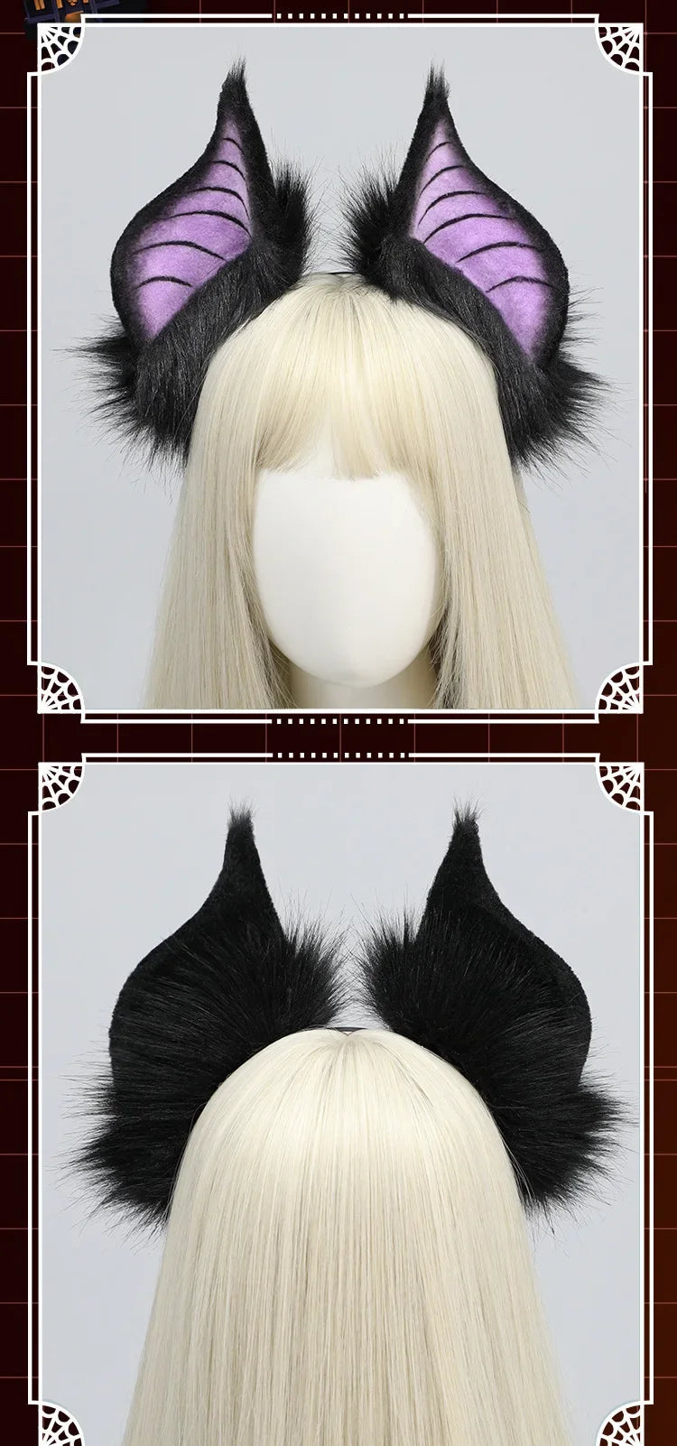 A pair of black bat-eared headwear with purple accents worn on a blonde wig display.