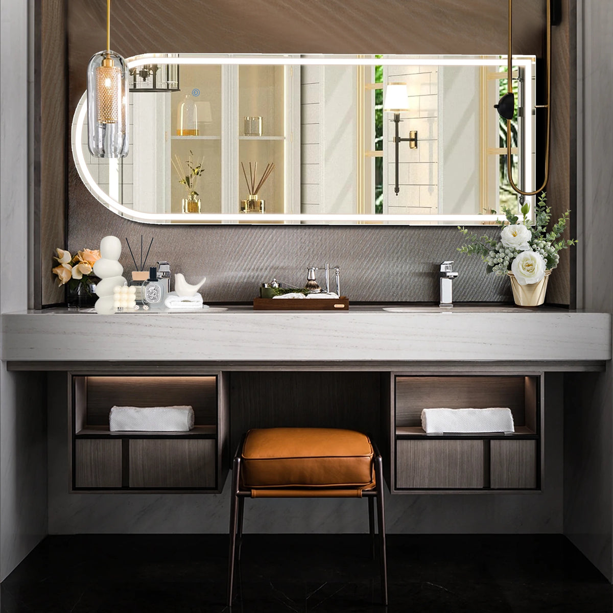 A full-length LED floor mirror with a round frame is mounted above a modern countertop and features three color lighting.