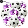 A pack of ten black and white latex balloons decorated with purple confetti in the shape of soccer balls.