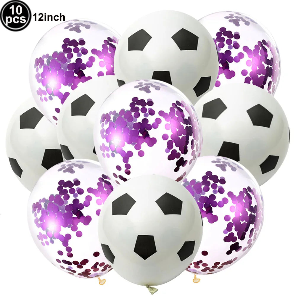 A pack of ten black and white latex balloons decorated with purple confetti in the shape of soccer balls.