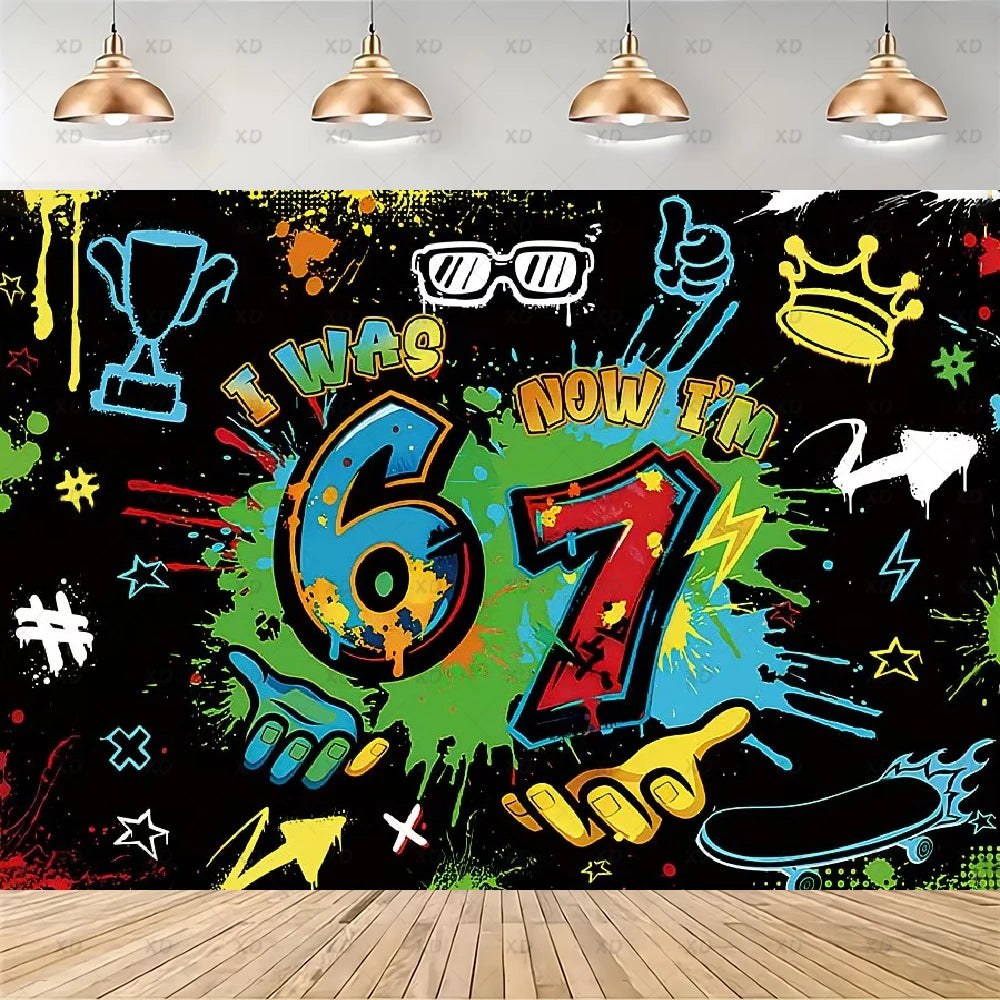 A vibrant, grunge-style wall decal featuring the text I Was Six Now I Am Seven in colorful paint splatters and hand gestures.