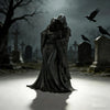 A dark, hooded figurine of the Grim Reaper hugging another figure, displayed in a graveyard setting.