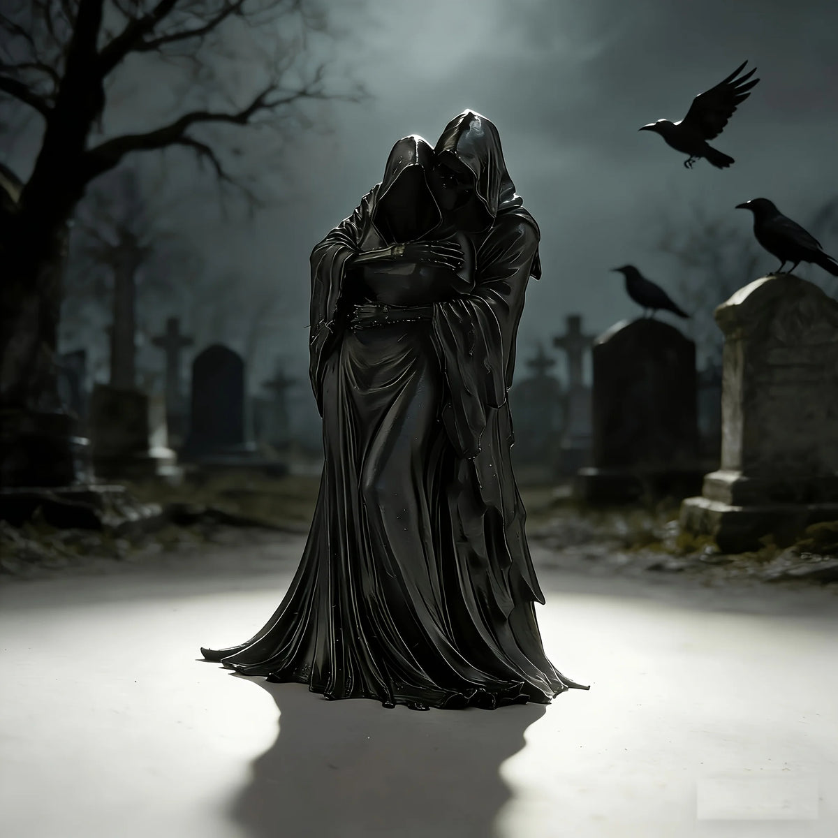A dark, hooded figurine of the Grim Reaper hugging another figure, displayed in a graveyard setting.
