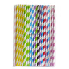 A pack of colorful striped and polka dot paper drinking straws in various vibrant colors.