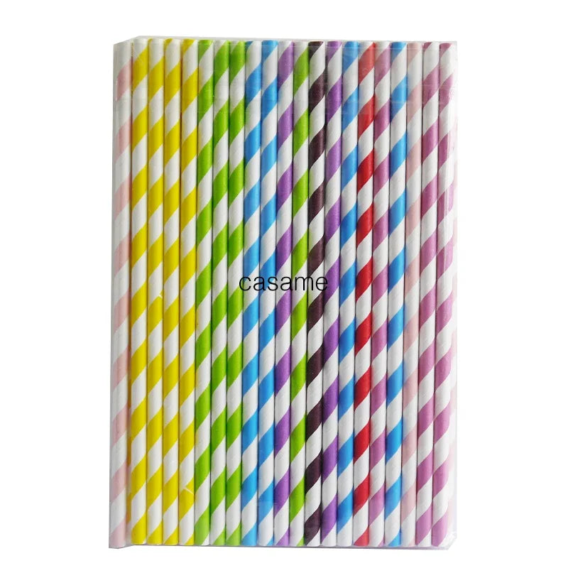 A pack of colorful striped and polka dot paper drinking straws in various vibrant colors.